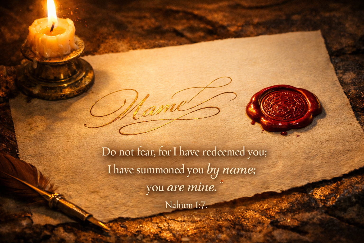 Isaiah 43:1 wallpaper handwritten name in gold on parchment by candlelight - redeemed summoned by name